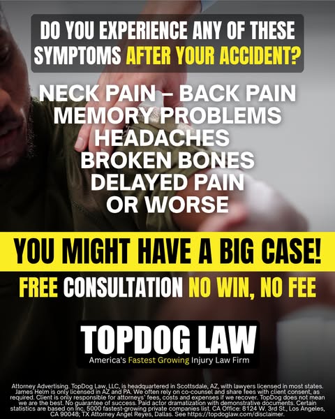 This ad for Topdog Law aims to attract those who have been in accidents by listing common injuries and symptoms that may