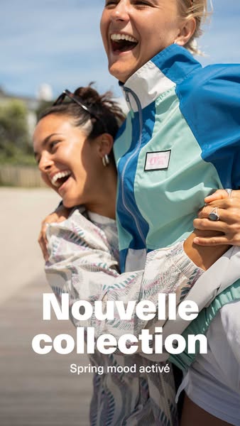 This image ad is promoting a new activewear collection. It features two young women happily embracing, dressed in clothi