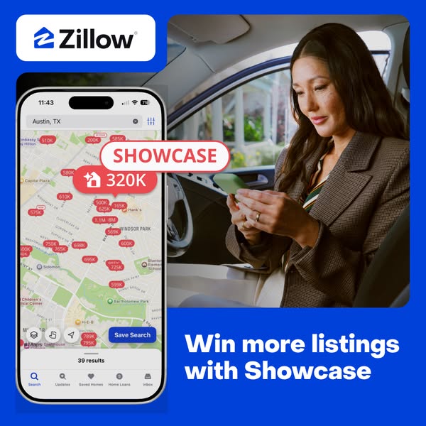 This ad promotes Zillow's Showcase feature to help real estate agents win more listings. It features a screen record