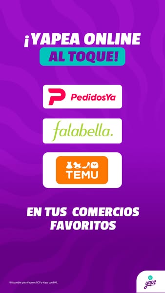 The ad promotes Yape as a payment method for online purchases, featuring recognizable brand logos for PedidosYa, Falabel