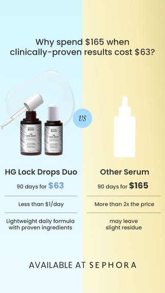 This image ad visually compares the brand's HG Lock Drops Duo to an 'other serum' based on price, ingredient