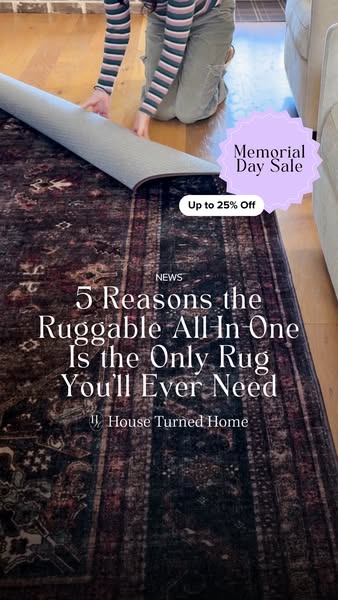 An image ad for Ruggable featuring a woman unrolling a Ruggable All In One rug, with sale information.