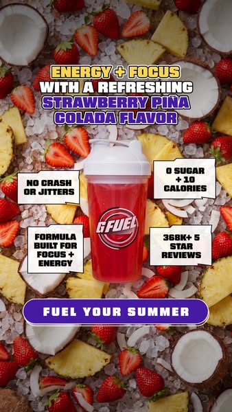 This image ad showcases GFUEL's Strawberry Piña Colada flavor. It highlights the product's benefits, such as pro