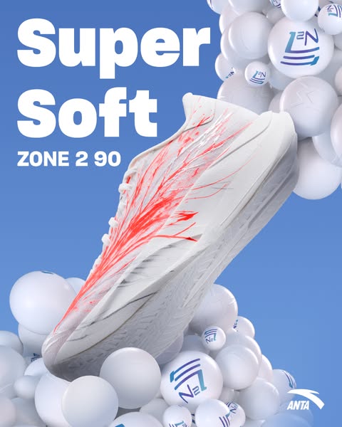 This ad showcases the ANTA Zone 2 90 sneaker. The visual focuses on the 'Super Soft' feature and highlights the 