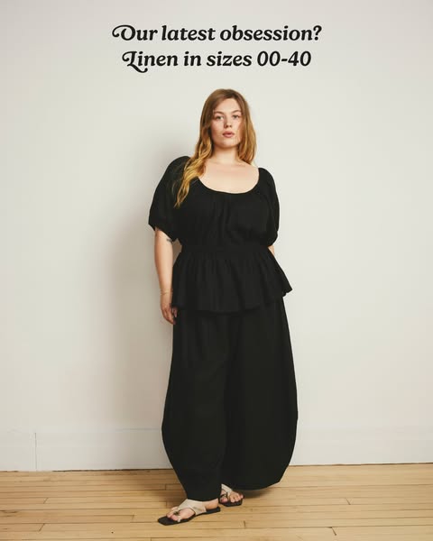 This ad features a model in a matching linen top and pants, highlighting the brand's commitment to size inclusivity 
