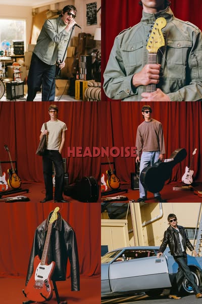 This image ad showcases a clothing brand, Headnoise, presenting a series of images featuring a male model in various set