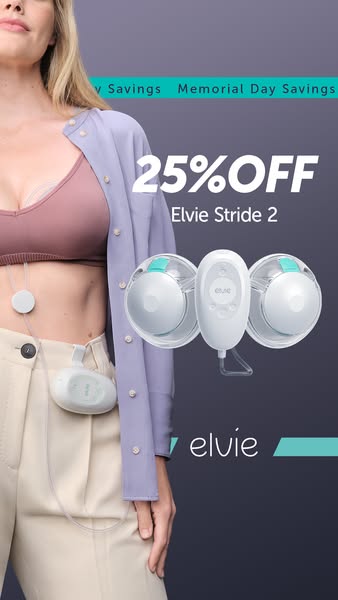 This ad features the Elvie Stride 2 breast pump, highlighting its portability and promoting a limited-time offer.
