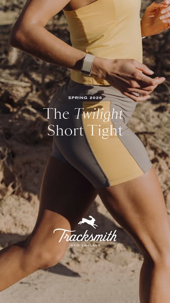An ad showcasing the Tracksmith Twilight Short Tight sportswear item. The ad features a close-up shot of the product wor