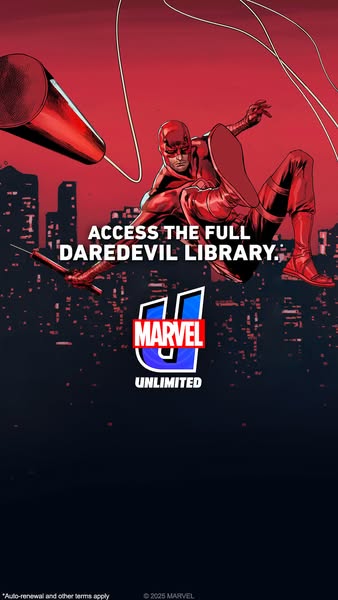 This image ad promotes Marvel Unlimited, highlighting access to the Daredevil library, with an image of Daredevil over a