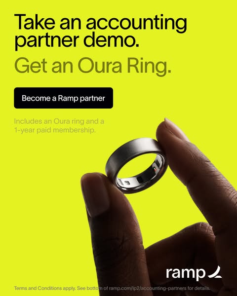 This image ad promotes Ramp, offering an Oura Ring and a 1-year paid membership to those who take an accounting partner