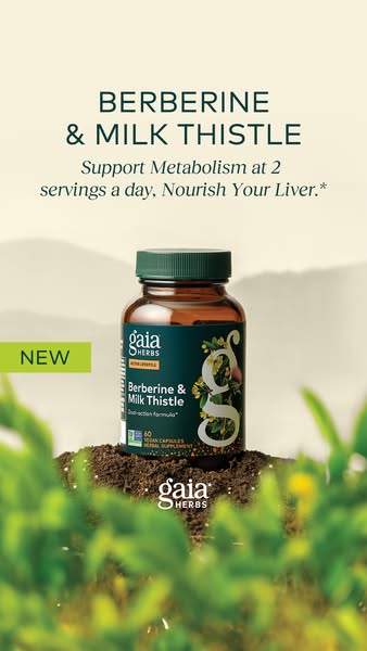 This ad for Gaia Herbs promotes their Berberine & Milk Thistle supplement, highlighting its ability to support metab