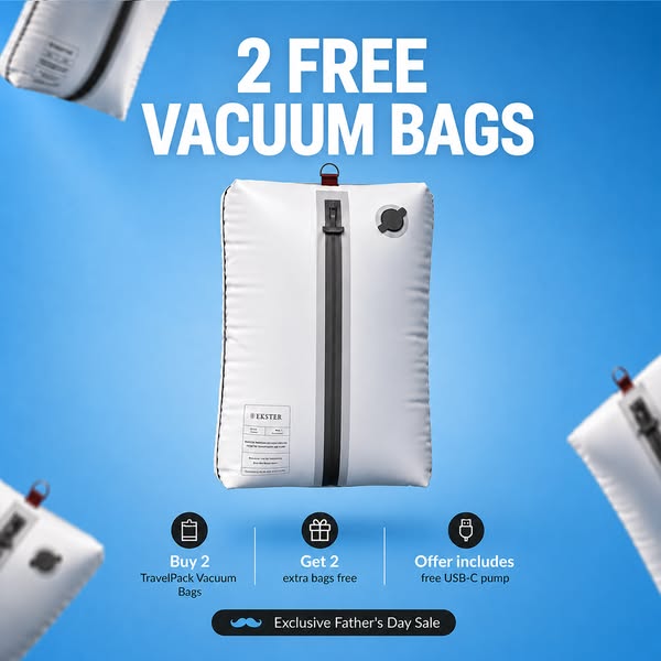 This ad promotes Ekster's TravelPack Vacuum Bags with an offer for 2 free bags when you buy 2, plus a free USB-C pum