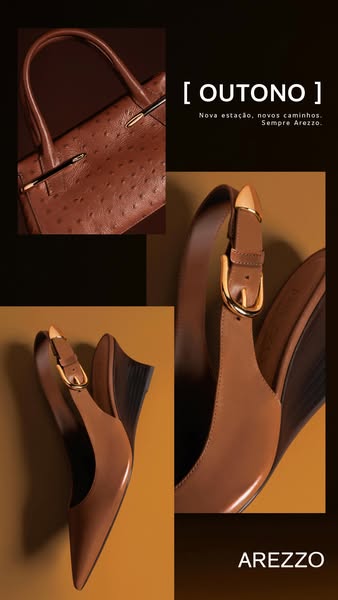 The ad features luxury Arezzo brand products: a tan ostrich skin handbag and tan wedge heel shoes. The items are positio