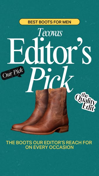 This image ad features a pair of Tecovas cowboy boots as an editor's pick. The ad highlights the boots as a stylish 