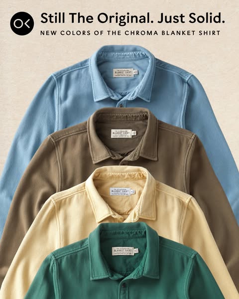 An ad featuring a stack of the Chroma Blanket Shirt in four different colors.