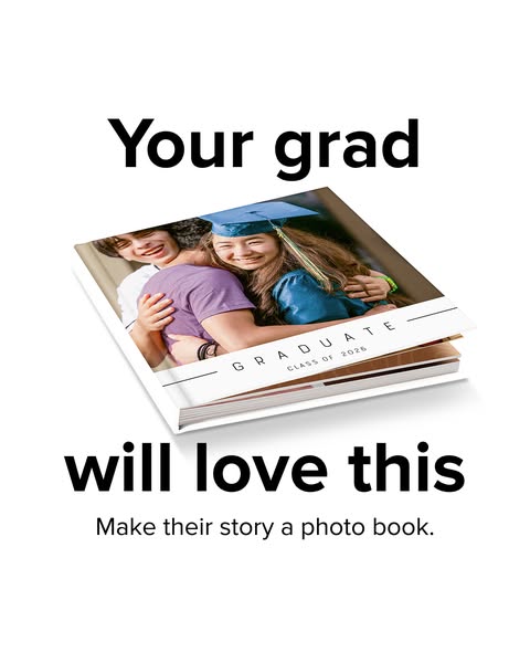 This ad promotes a photo book as a gift for graduates. The ad features an image of a photo book with a graduate on the c