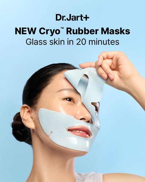 An image ad for Dr.Jart+'s NEW Cryo™ Rubber Masks that promises glass skin in 20 minutes.