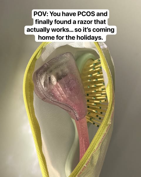 An image of a mesh toiletry bag containing a razor and hairbrush, addressing the pain point of PCOS-related hair removal