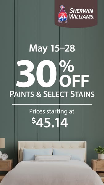 This image ad by Sherwin-Williams promotes a sale on paints and select stains. The ad features a room with a green paint