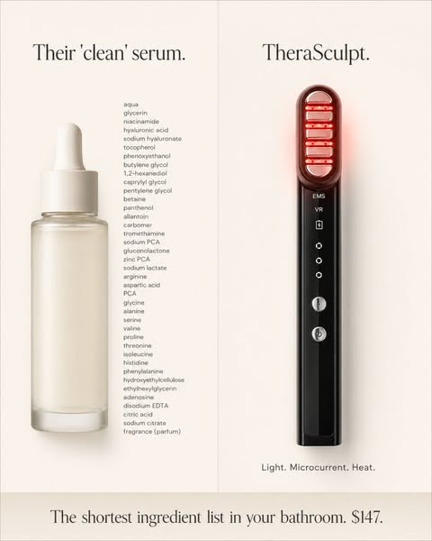 The ad contrasts a competitor's 'clean' serum with TheraSculpt's product, emphasizing a shorter ingredie