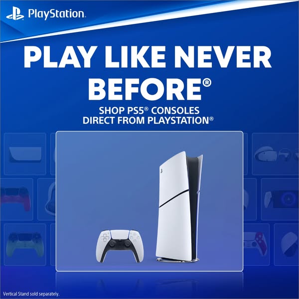 This ad for Playstation promotes the PS5 console and encourages users to shop directly from Playstation.
