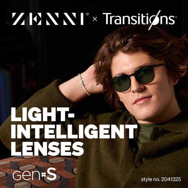 This image ad for Zenni Optical focuses on their Transitions lenses. The ad features a man wearing glasses with these le