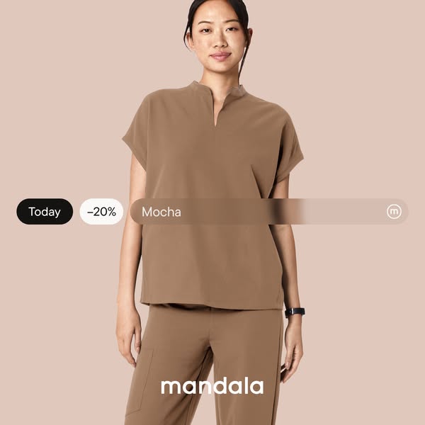 An image ad for the Mandala brand promoting a mocha-colored scrub set. The ad features a woman wearing the scrub set wit