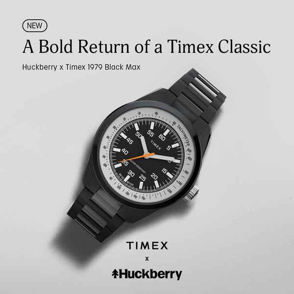 This image ad showcases the Huckberry x Timex 1979 Black Max watch against a light background, highlighting its design a