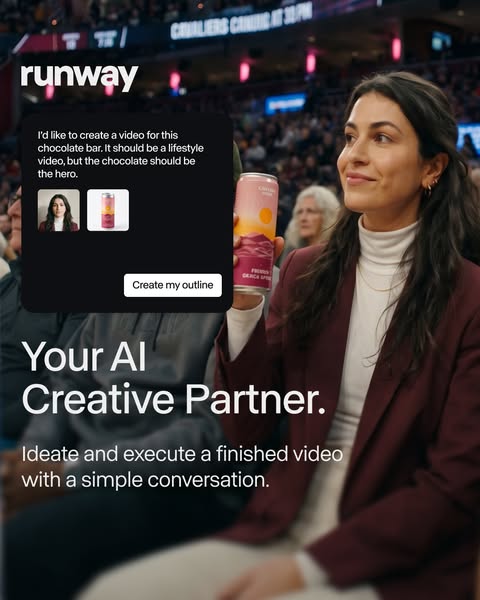 Ad for Runway, an AI creative partner. The ad shows a woman at a sporting event holding a can with a sunset design on it