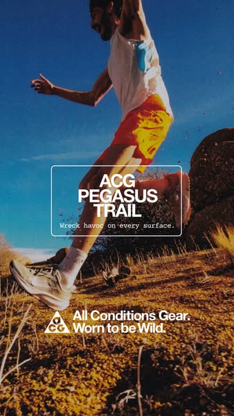 This image ad promotes the ACG Pegasus Trail running shoe by Nike. It features a runner in motion on a dirt trail, empha