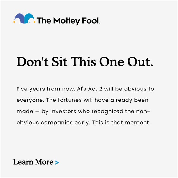This image ad for The Motley Fool urges viewers to learn more about AI's Act 2 so they don't sit this one out.