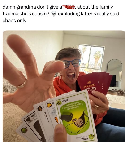An ad for Exploding Kittens card game featuring a picture of a person holding up a deck of cards with a grandma yelling 