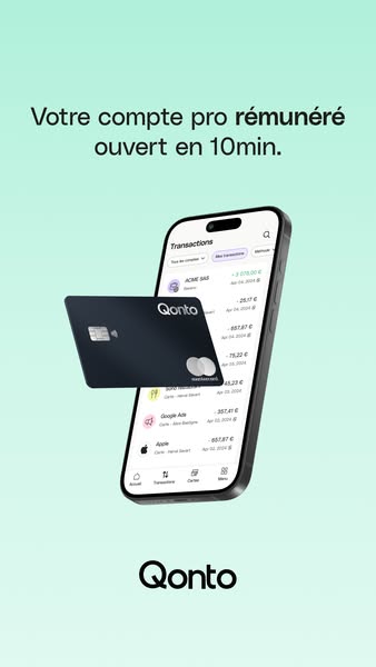 This ad promotes Qonto, a business account that can be opened in 10 minutes. The ad features a smartphone displaying the