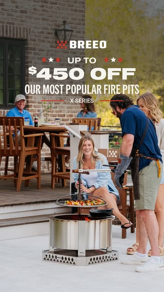 This image ad highlights the Breeo X series fire pits, emphasizing a discount of up to $450 off. The ad features a group