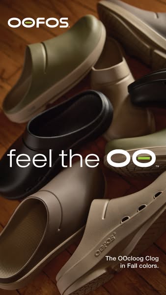 This ad showcases the OOFOS Oocloog clog in various fall colors.