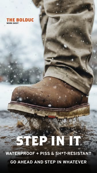 This ad showcases the Bolduc work boot with a focus on its waterproof and resistant features, emphasizing its ability to