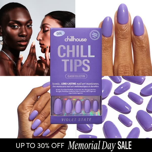 This image ad for Chillhouse Chill Tips features a lavender press-on nail set on sale. It highlights the ease of getting