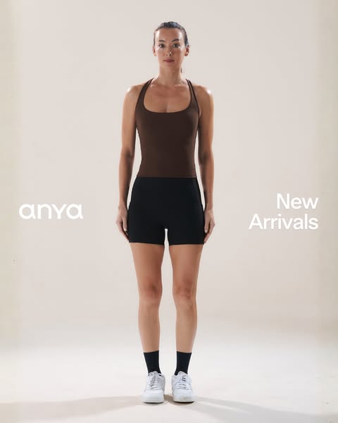 This ad features a model wearing activewear from Anya. It highlights the new arrivals, showcasing a brown tank top and b