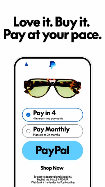 This ad for PayPal promotes the option to buy now and pay later in installments. It shows an image of a phone screen wit