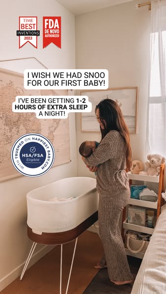 This ad features a mother holding her baby next to a Snoo bassinet. She shares that she wishes she had the Snoo for her 