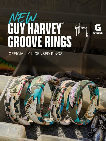 This ad features four Groove Rings, new from Guy Harvey, arranged in an open tackle box, showcasing the ring's fishi