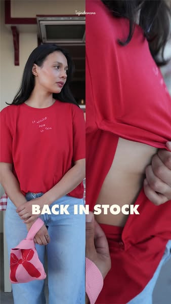 This ad features a woman wearing a red t-shirt and light wash jeans. The ad shows the t-shirt being lifted to reveal a z