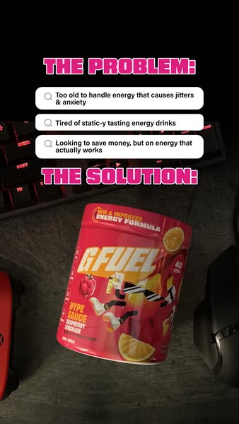 This ad highlights common frustrations with energy drinks (jitters, taste, cost) and positions G FUEL as the solution.