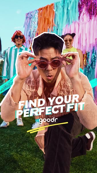This ad for Goodr sunglasses features a person in the foreground wearing pink sunglasses. Behind them are two more peopl