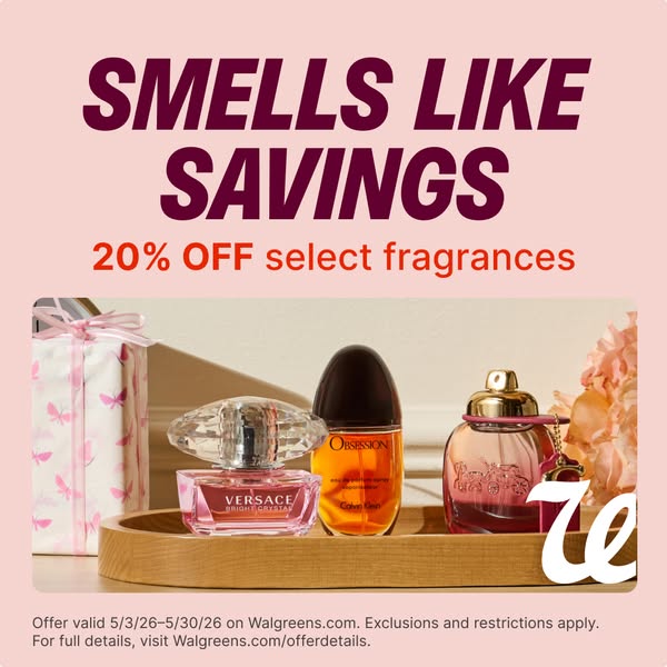 This ad promotes a fragrance sale at Walgreens, highlighting a 20% discount on select fragrances. It features three diff