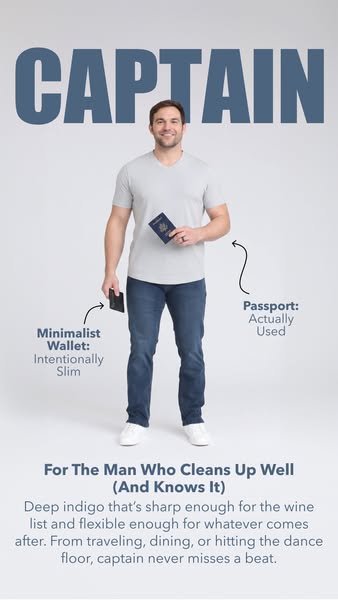 This image ad showcases a man wearing the Captain brand denim jeans while also holding a wallet and passport. The ad use