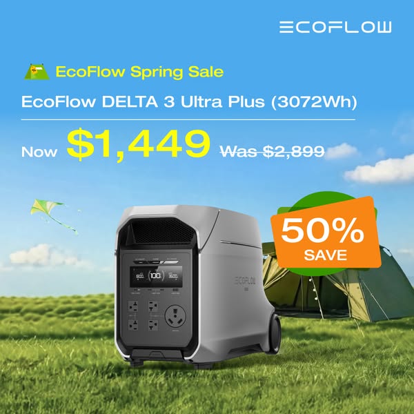 This ad promotes the EcoFlow DELTA 3 Ultra Plus power station, highlighting a spring sale discount of 50%.