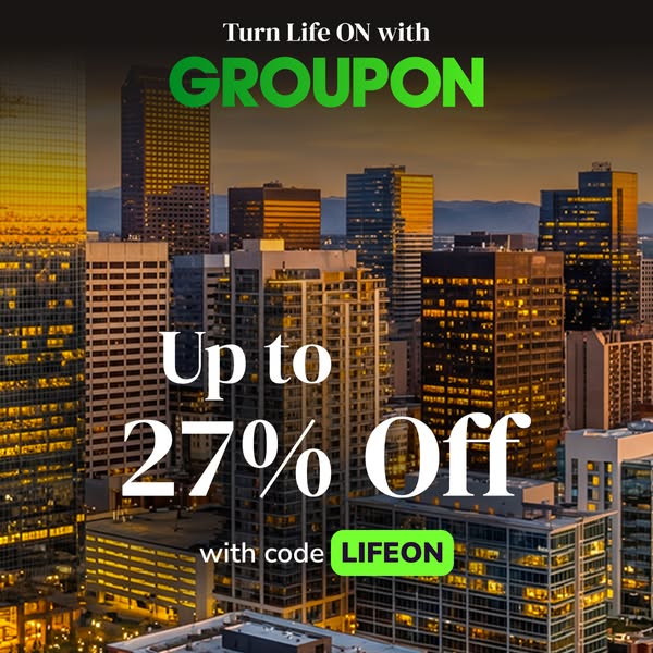 This in-feed image ad for Groupon entices users to "Turn Life ON" with a discount of up to 27% off using the c