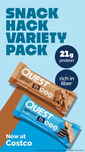 This image ad promotes Quest snack bars in a variety pack now available at Costco, emphasizing their high protein and fi