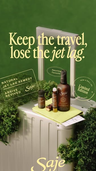Ad for Saje Natural Wellness promoting their jet lag remedy kit, including a diffuser blend, remedy, and roll-on for kee